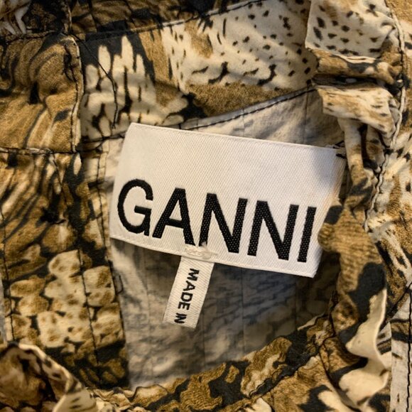 Women's GANNI Tiger's Eye Cotton Smocked Button Back Dress Mini Size 40 Large - Picture 7 of 8